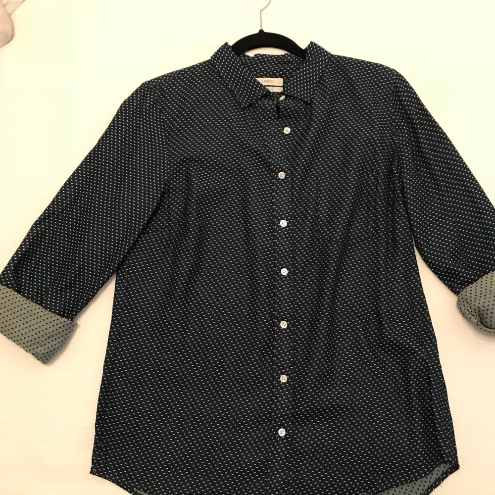 JCrew nay and white polka dot button up shirt
